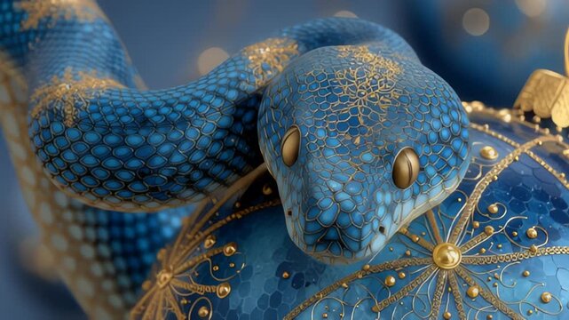 Mesmerizing blue python coils around ornate sphere with golden accents