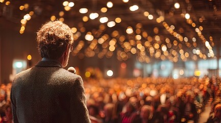 Man speaking to audience in large hall