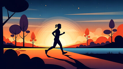 woman running at sunset on a scenic lakeside path enjoying outdoor exercise for a healthy lifestyle ideal for wellness and fitness themes.