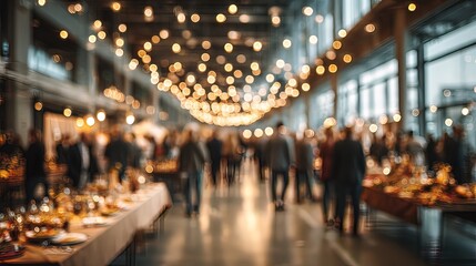 Blurred indoor market with people and lights