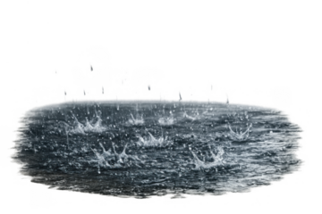 Raindrops falling into a shallow puddle, creating splashes and ripples on the liquid surface with visible crown formations. Transparent background