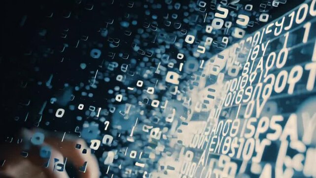 Person typing on keyboard with digital code streaming down screen in dark environment