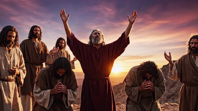 Dramatic desert prayer at sunset with group expressing spiritual devotion and unity