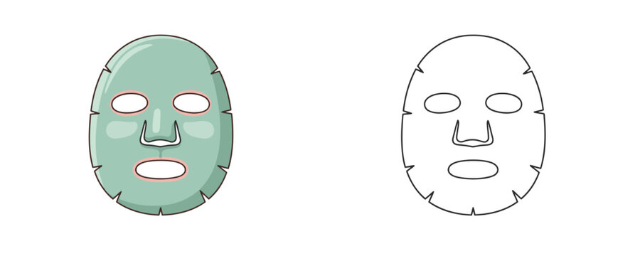 Cosmetic sheet mask cartoon and line art style in light green and pink tones representing facial skin care treatment or beauty product icons on white background