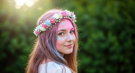 Beautiful Young Woman with Flower Crown and Colorful Face Paint Against a Green Background