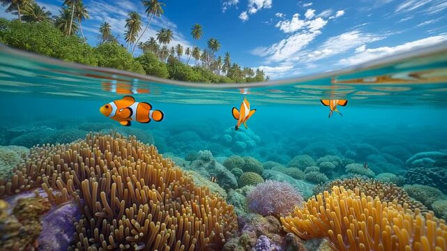 split-level clownfish coral shot