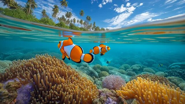 split level shot of clownfish and coral