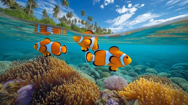 split level shot clownfish coral
