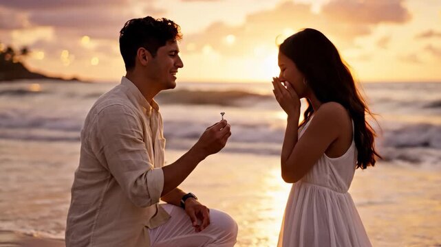 Romantic beach proposal at sunset, capturing the emotional moment of love and commitment