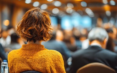 Woman in yellow sweater at conference