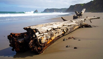 A weathered, fallen tree trunk rests on a sandy beach. Crashing waves and distant cliffs form a scenic coastal view