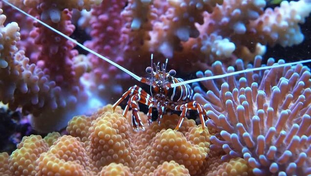 A vibrant spiny lobster on a coral reef.
