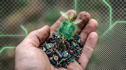 Hand holding green circuit board with digital overlay, symbolizing innovation and environmental technology.