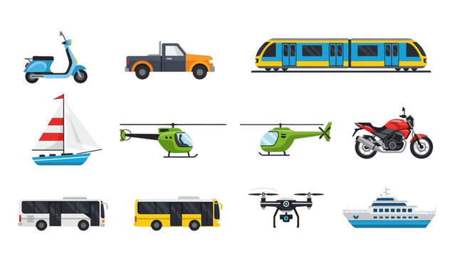 Collection of various vehicles and transportation modes displayed in a grid layout on a clean background