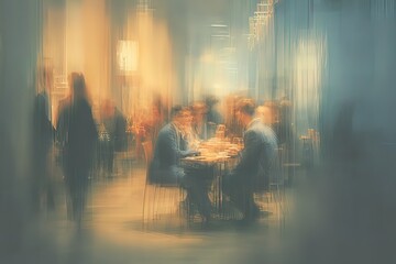 Two men dining in a blurred restaurant