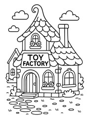 Fototapeta premium Toy Factory Line Art: A whimsical monochrome line art illustration of a charming toy factory, complete with quaint architecture and playful details.