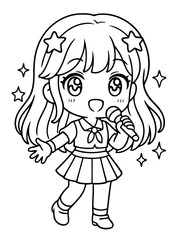Fototapeta premium Anime-Style Singer: An charming anime character, complete with wide eyes and flowing hair, joyfully belts out a song, clutching a microphone and surrounded by glittering stars.