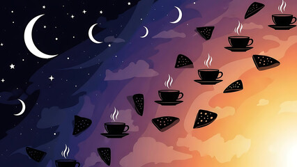 day and night transition with floating coffee and pie slices illustrating daily routines and the comforting moments of a changing day.