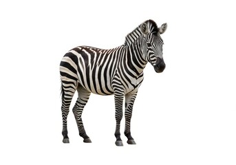 Obraz premium A majestic wild zebra animal stands isolated and centered on a pure white background, emphasizing its distinctive black and white striped fur coat, Zebra, habitat, background