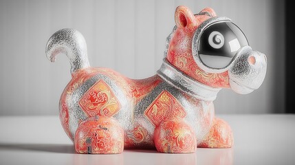 Cute futuristic horse astronaut designer toy with traditional Chinese red patterns and silver spacesuit helmet. 3D rendering collectible art toy concept for Year of the Horse 2026.