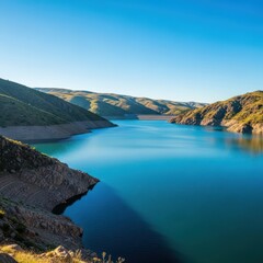 Fototapeta premium Expansive blue reservoir lake reflecting clear skies, surrounded by rugged natural hills, utilized for crucial water storage and environmental conservation, clear, fresh, peaceful