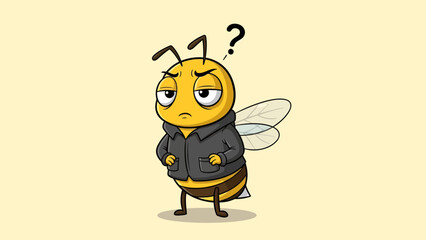 A perplexed cartoon bee, dressed in a stylish jacket, stands with a questioning expression, perfectly capturing feelings of uncertainty and contemplation.