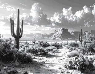 Black and white scene featuring a desert landscape with large cacti, distant mountains, and dramatic cloud formations