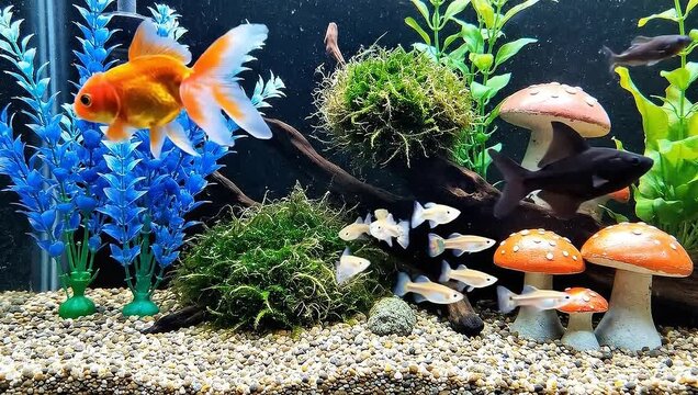 Goldfish and other fish swimming in a vibrant aquarium.