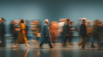 People walking in a crowd with motion blur
