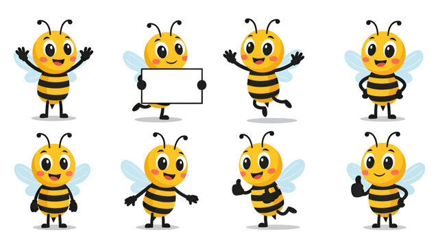 This vibrant illustration features eight adorable cartoon bee characters, each displaying unique playful poses and cheerful expressions on a clean white background.