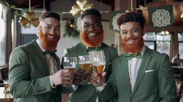 Diverse friends celebrating with drinks in a festive pub gathering