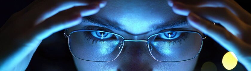 Close-up of a person with glasses in a blue light.