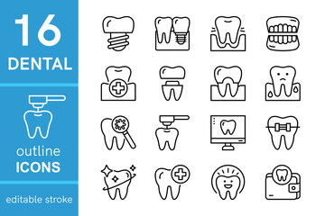 Dental editable stroke outline icons set. Stomatology line icon collection. Dentistry and healthy teeth vector illustration