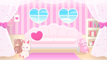 バレンタインデーに使えるハートの窓の可愛い部屋の背景素材 ピンク昼