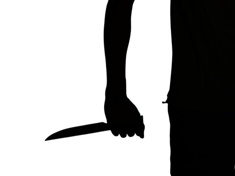 Silhouette of a person&rsquo;s arm and torso holding a sharp knife in a threatening low-angle position against a white background, suggesting a concept of crime, robbery, or violence.