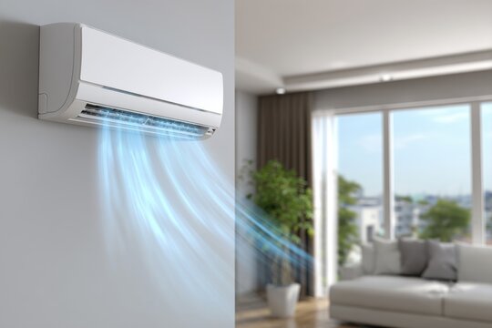 Modern split AC unit on a wall, releasing blue cold air into a comfortable, sunlit apartment interior.