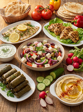 Selection of traditional greek food - salad, meze, pie, fish, tzatziki, dolma on wood background, top view