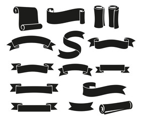 Hand drawn banner and scroll set featuring various ribbon shapes and blank paper scrolls for decorative design and messages