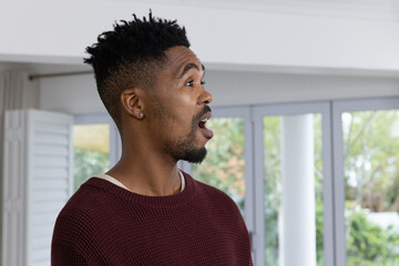 African American adult male standing by glass doors at home, wearing maroon sweater, stud earring