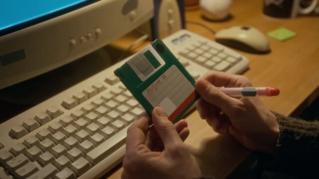Close-up of unrecognizable professional woman, holding green floppy disk with work project files, sitting at desk at home or in office with vintage PC computer, nostalgic 1980s vibe with warm light