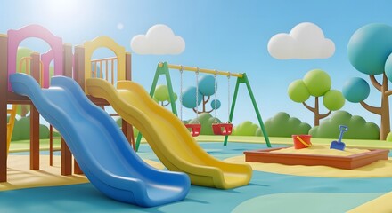 Vibrant and Sunny Outdoor Playground Scene with Modern Slides, Swings, and Sandbox, Ready for Children's Fun and Games on a Beautiful Day