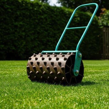 Heavy spiked garden roller aerating bright green lawn turf, creating holes to improve soil compaction, drainage, water retention, and healthy root development, rolling, maintenance, healthy