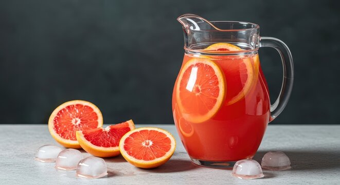 Vibrant pink grapefruit juice in a glass pitcher with fresh citrus slices and cold ice cubes ready for serving on a sunny morning, liquid, refreshment, homemade