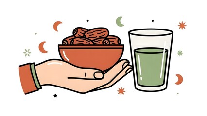 Hand holding a hot cafe breakfast beverage like a cup of coffee or tea mug with caffeine steam and espresso bean vector illustration design symbol