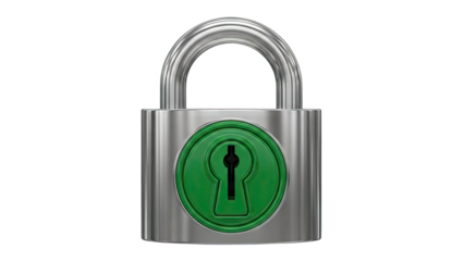 Silver Padlock with Green Keyhole on White Background