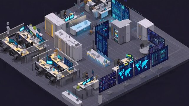 An isometric illustration of people working in a modern office with screens and computers.