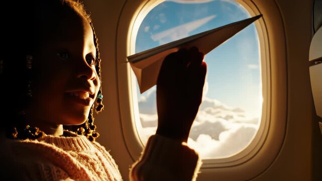 close-up. Silhouette of a child's hand with small paper plane against the background of airplane window. Child sitting by aircraft window and playing with little paper plane. during flight on airplane