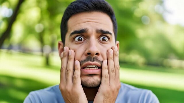 Surprised man transitions from shock to realization in sunny park setting