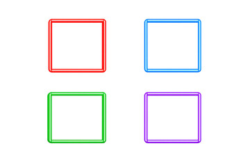 Colorful neon square frames with glowing effect displaying vibrant red, blue, green, and purple light on a transparent background