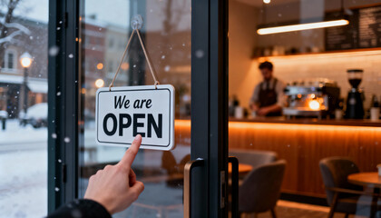 Close-up of a hand pointing to a "We Are Open" sign on a glass door of a cozy cafe during winter with snow outside
